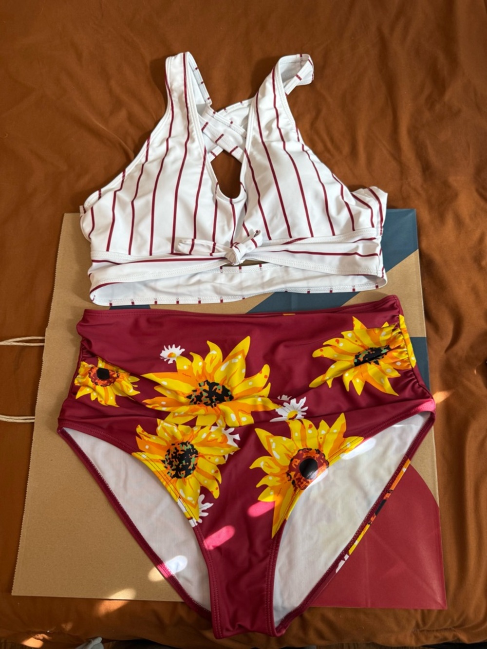 Women’s High-Waist Sunflower Bikini Set - White & Burgundy